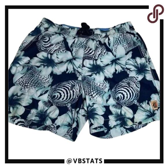 Tommy Bahama Navy-Cloud Blue Hibiscus Print Swim Trunks in Size Large - Picture 1 of 6